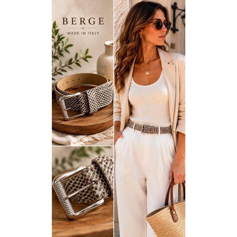 Berge Italy Genuine Leather Snakeskin Embossed Belt Gray Taupe Size Small